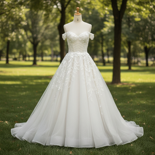 A-line Off the Shoulder Lace Applique Wedding Dress with Pearls