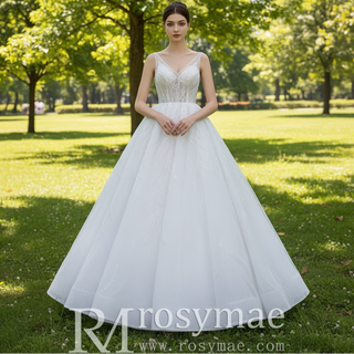 Sparkly Ball Gown Floor Length Wedding Dress with Vneck