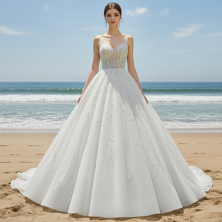 Robe de mariée scintillante longueur au sol avec col en V