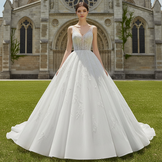 Robe de mariée scintillante longueur au sol avec col en V