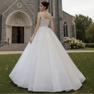 Robe de mariée scintillante longueur au sol avec col en V
