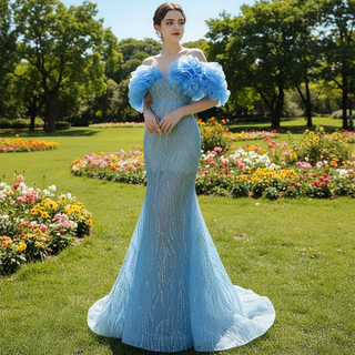 Mermaid See Through Ruffle Short Sleeves Sweep Train Prom Formal Dresses