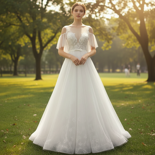 Off the Shoulder A-Line Wedding Gown with Tulle Flutter Sleeves