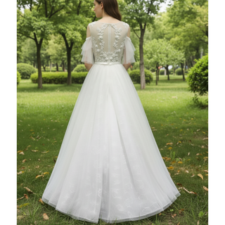 Off the Shoulder A-Line Wedding Gown with Tulle Flutter Sleeves
