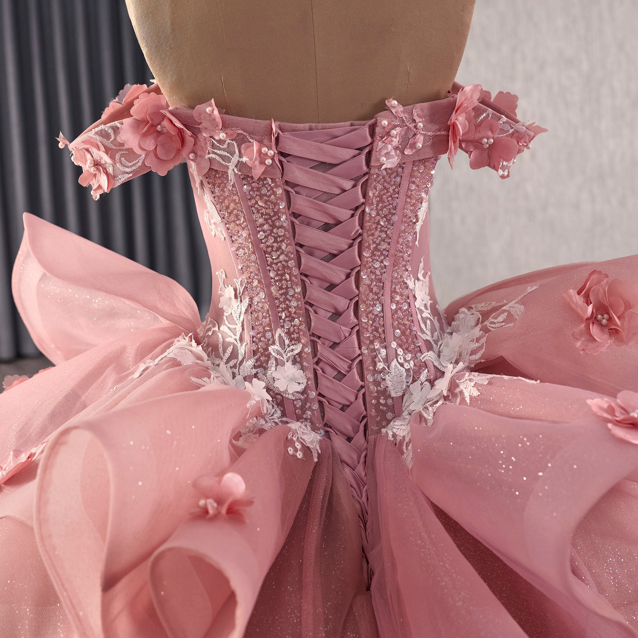 Luxury Off the Shoulder Quinceanera Dress with Cascading Ruffle Skirt Blush / 20W Luxury Off the Shoulder Quinceanera Dress with Cascading Ruffle Skirt Blush / 20W