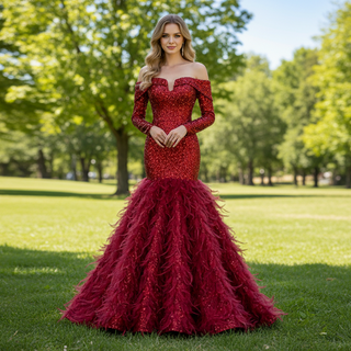Mermaid Sequins Off Shoulder Long Sleeve Prom Dress With Feather