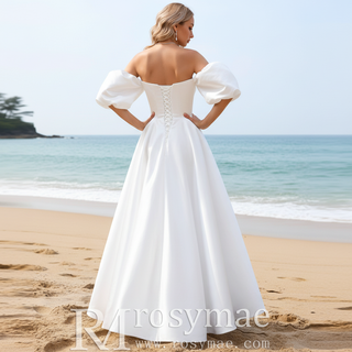 Elegant Tea Length A-line Wedding Dress with Off the Shoulder Sleeve