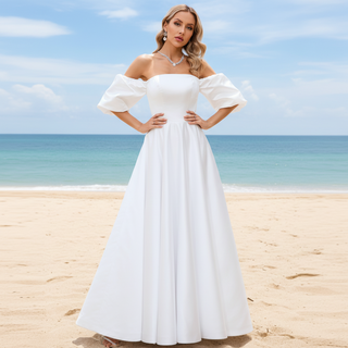 Elegant Tea Length A-line Wedding Dress with Off the Shoulder Sleeve