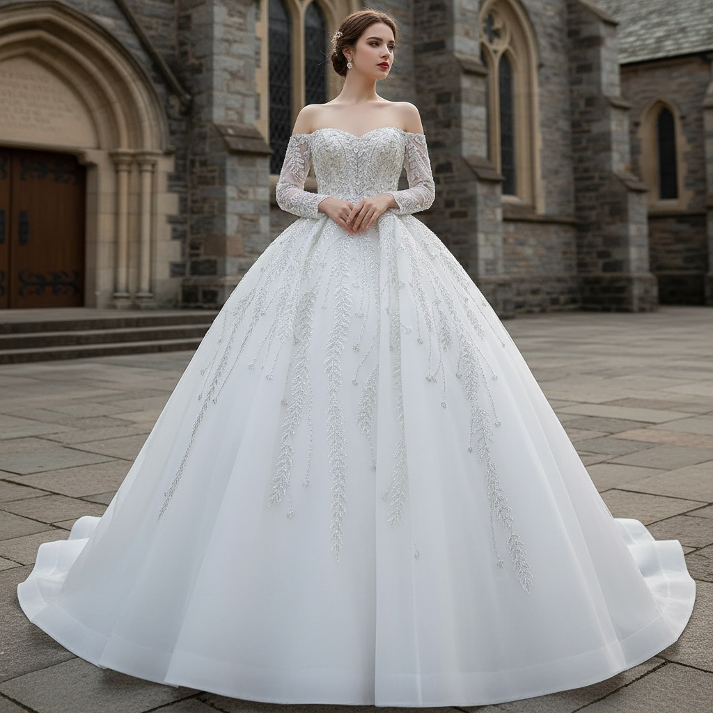 Luxury Wedding Dress Off the Shoulder Long Sleeve Wedding Gown White / 6 Luxury Wedding Dress Off the Shoulder Long Sleeve Wedding Gown White / 6
