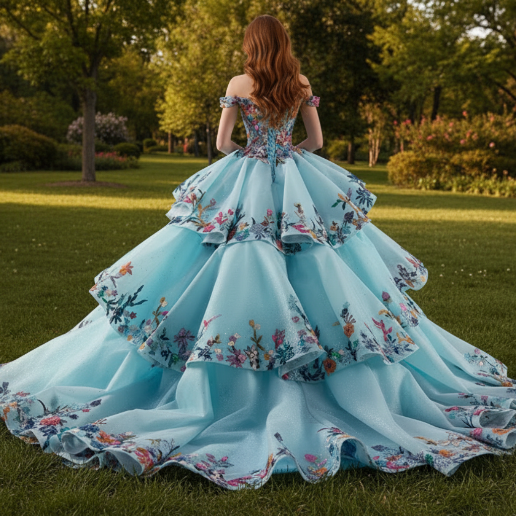 Colored Multi Layer Puffy Skirt Quinceanera Dress with Off The Shoulder Multicolor / 22w Colored Multi Layer Puffy Skirt Quinceanera Dress with Off The Shoulder Multicolor / 22w