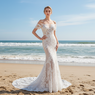 Mermaid Off The Shoulder Lace Wedding Dresses with Court Train