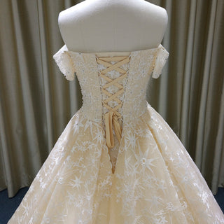 Elegant Champagne Gold Star Lace Wedding Dress with Off the Shoulder