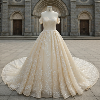 Elegant Champagne Gold Star Lace Wedding Dress with Off the Shoulder