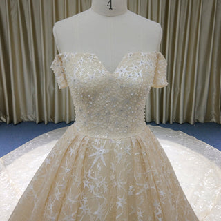 Elegant Champagne Gold Star Lace Wedding Dress with Off the Shoulder