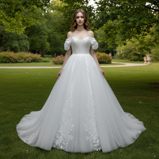 Off-Shoulder 3D Floral Pearl Ball Gown Wedding Dress with Glitter Tulle & Train
