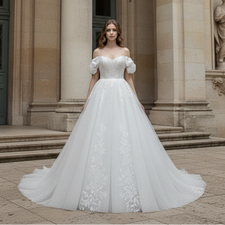 Off-Shoulder 3D Floral Pearl Ball Gown Wedding Dress with Glitter Tulle & Train