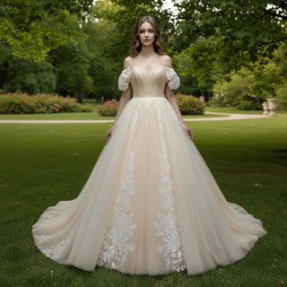 Off-Shoulder 3D Floral Pearl Ball Gown Wedding Dress with Glitter Tulle & Train