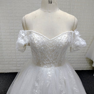 Off-Shoulder 3D Floral Pearl Ball Gown Wedding Dress with Glitter Tulle & Train