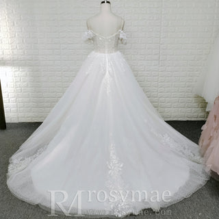 Off-Shoulder 3D Floral Pearl Ball Gown Wedding Dress with Glitter Tulle & Train
