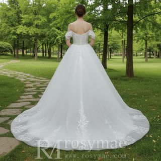 Off-Shoulder 3D Floral Pearl Ball Gown Wedding Dress with Glitter Tulle & Train