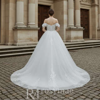 Off-Shoulder 3D Floral Pearl Ball Gown Wedding Dress with Glitter Tulle & Train