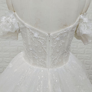 Off-Shoulder 3D Floral Pearl Ball Gown Wedding Dress with Glitter Tulle & Train