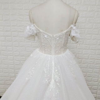 Off-Shoulder 3D Floral Pearl Ball Gown Wedding Dress with Glitter Tulle & Train