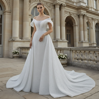 Unique Off-the-Shoulder A-Line Wedding Dress with Detachable Overskirt