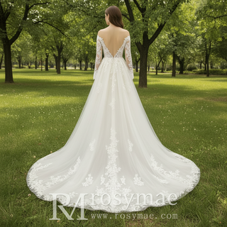 Plunging V Neck Off-The-Shoulder Wedding Dress with Long Sleeve