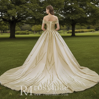 Gorgeous Puffy Skirt Gold Wedding Dress with Off The Shoulder