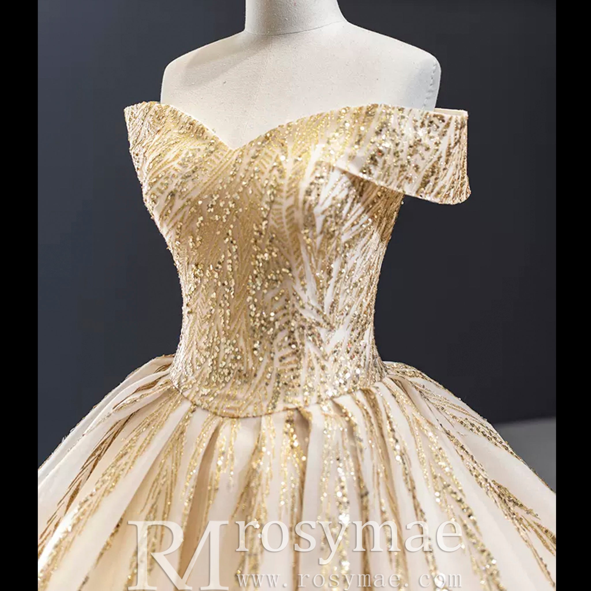Gorgeous Puffy Skirt Gold Wedding Dress with Off The Shoulder Gold / 18W Gorgeous Puffy Skirt Gold Wedding Dress with Off The Shoulder Gold / 18W