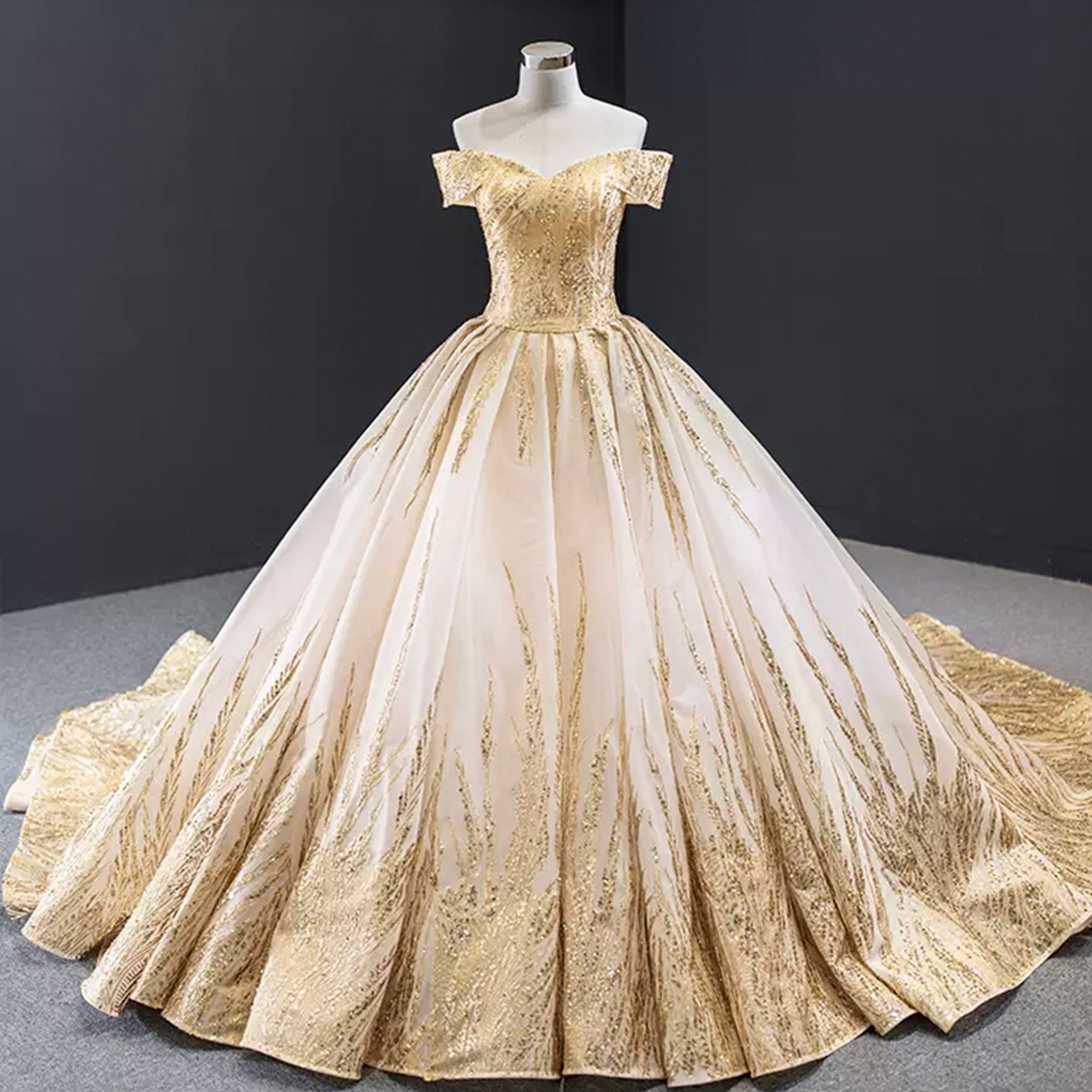 Gorgeous Puffy Skirt Gold Wedding Dress with Off The Shoulder Gold / 18W Gorgeous Puffy Skirt Gold Wedding Dress with Off The Shoulder Gold / 18W