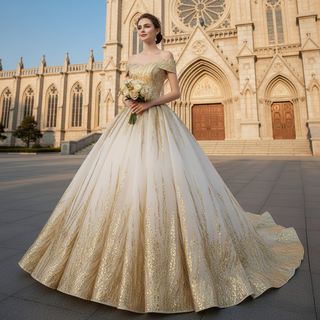 Gorgeous Puffy Skirt Gold Wedding Dress with Off The Shoulder