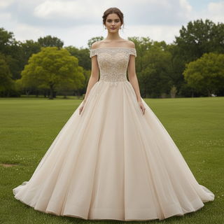 Elegant Ball Gown Wedding Dress with Off-the-Shoulder Neckline and Corset Back