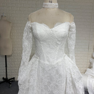 Corset-Bodice Floral Lace Wedding Dress with Detachable Sleeves & Voluminous Skirt