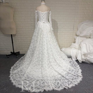 Corset-Bodice Floral Lace Wedding Dress with Detachable Sleeves & Voluminous Skirt