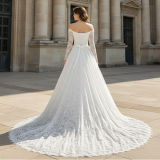 Corset-Bodice Floral Lace Wedding Dress with Detachable Sleeves & Voluminous Skirt