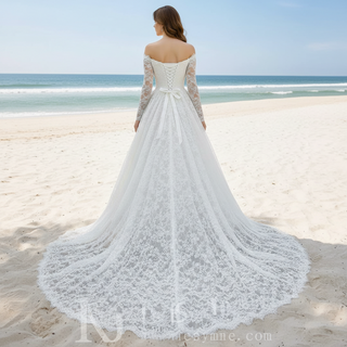 Corset-Bodice Floral Lace Wedding Dress with Detachable Sleeves & Voluminous Skirt