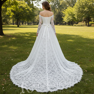 Corset-Bodice Floral Lace Wedding Dress with Detachable Sleeves & Voluminous Skirt