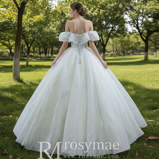 Sparkly Off the Shoulder Ball Gown Puffy Wedding Dress with Sheer Bodice
