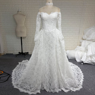 Corset-Bodice Floral Lace Wedding Dress with Detachable Sleeves & Voluminous Skirt