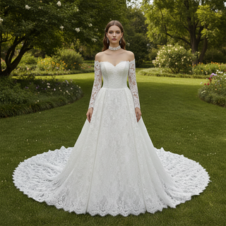 Corset-Bodice Floral Lace Wedding Dress with Detachable Sleeves & Voluminous Skirt