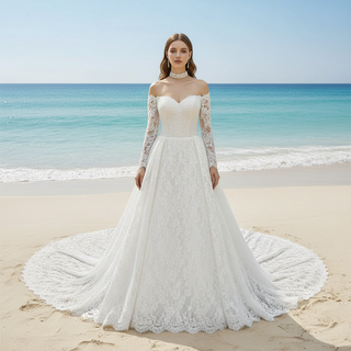 Corset-Bodice Floral Lace Wedding Dress with Detachable Sleeves & Voluminous Skirt
