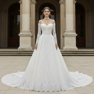 Corset-Bodice Floral Lace Wedding Dress with Detachable Sleeves & Voluminous Skirt