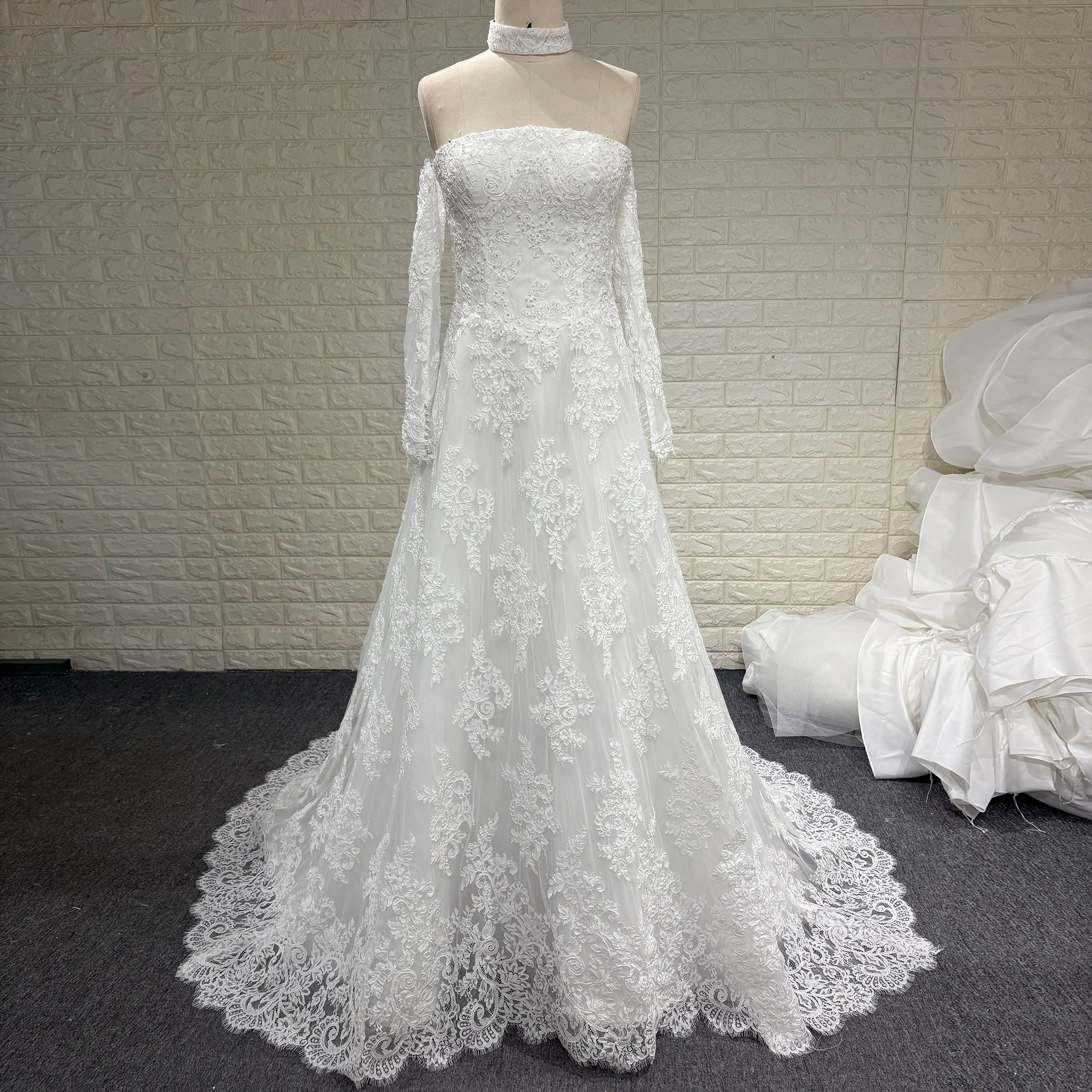 Off-the-Shoulder Lace Wedding Dress with Removable Sleeves and Choker White / 10 Off-the-Shoulder Lace Wedding Dress with Removable Sleeves and Choker White / 10