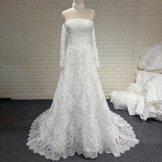 Off-the-Shoulder Lace Wedding Dress with Removable Sleeves and Choker