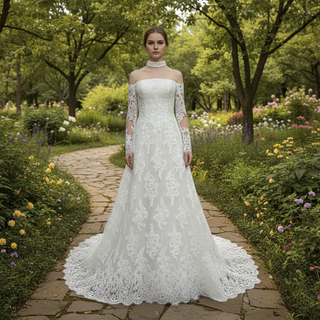 Off-the-Shoulder Lace Wedding Dress with Removable Sleeves and Choker