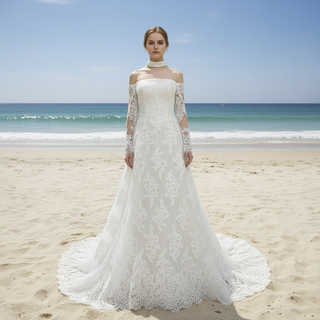 Off-the-Shoulder Lace Wedding Dress with Removable Sleeves and Choker