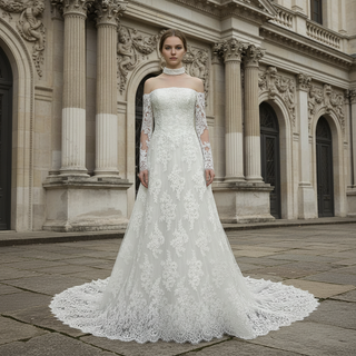 Off-the-Shoulder Lace Wedding Dress with Removable Sleeves and Choker