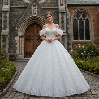 Sparkly Off the Shoulder Ball Gown Puffy Wedding Dress with Sheer Bodice